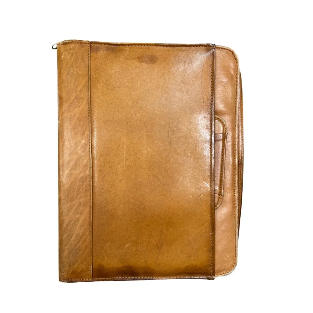 Vintage Tan Leather Zip Around Portfolio Binder Organizer Retractable Handle